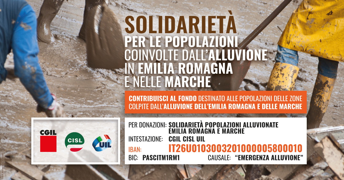 Solidarietà per le popolazioni colpite dall'alluvionein Emilia Romagna e nelle Marche